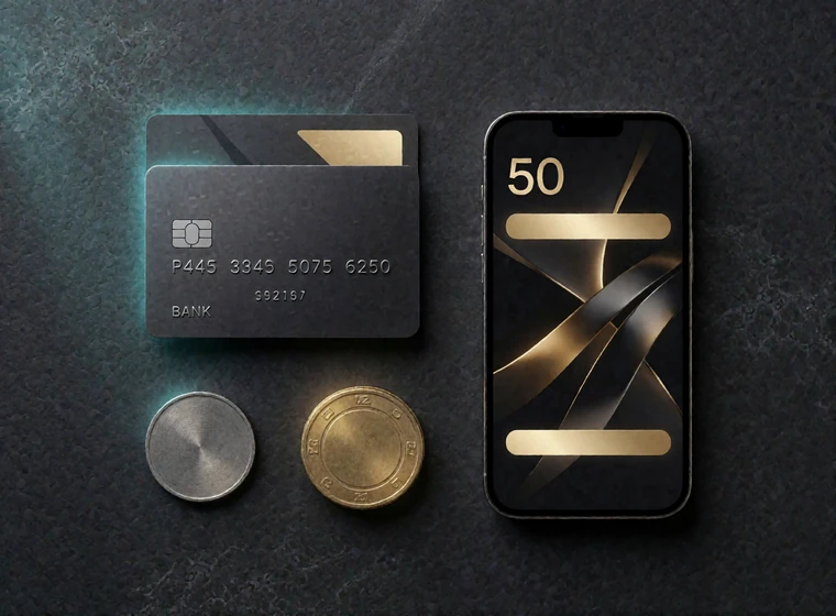 Zahlungsmittel wie Bankkarte, Prepaid-Karte und Smartphone auf dunklem Untergrund als Vertrauenssignal f&uuml;r Ein- und Auszahlung