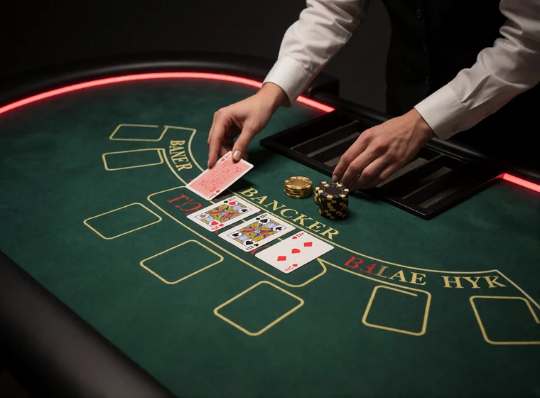 Baccarat-Tisch mit ausgelegten Karten, Kartenschlitten und markierten Feldern f&uuml;r Banker, Spieler und Unentschieden