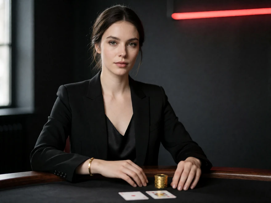 Elegante Spielerin im schwarzen Blazer am aufger&auml;umten High-Limit-Tisch mit einer goldenen Fiche als Sinnbild f&uuml;r den VIP-Club im Online Casino