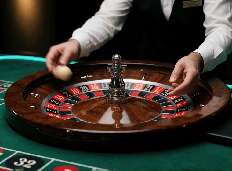 Croupier wirft die Kugel in ein Roulette-Rad im Live-Studio - Beispiel f&uuml;r Live-Roulette mit echten Dealern