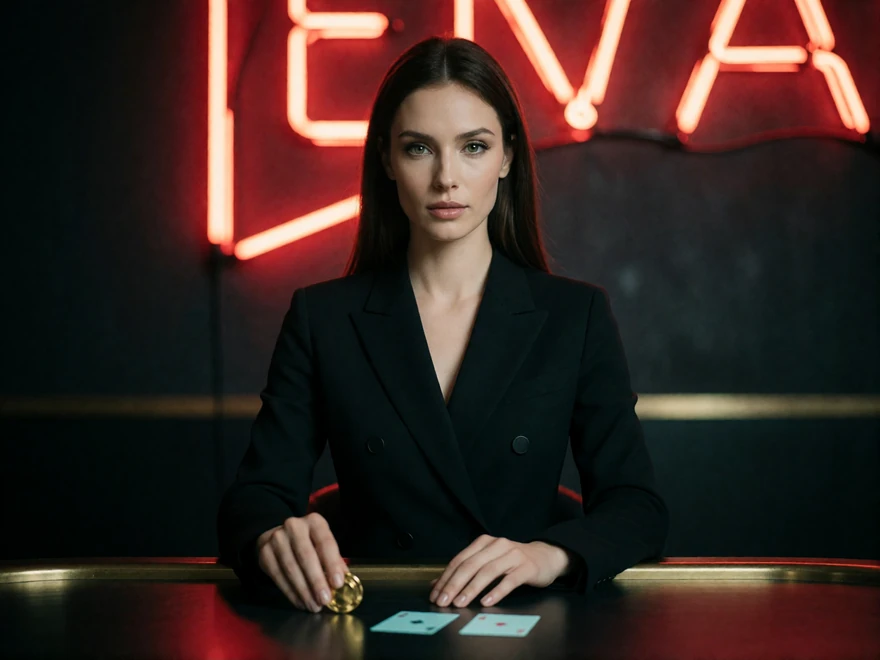 Elegante Spielerin im schwarzen Blazer am dunklen Tisch mit einer goldenen Fiche und zwei Karten unter rotem Neonlicht im Online Casino