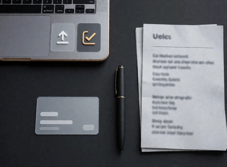 Aufsicht auf Laptop mit Verifizierungsansicht, Ausweiskarte und Adressnachweis auf dunklem Schreibtisch - KYC-Pr&uuml;fung im Online Casino