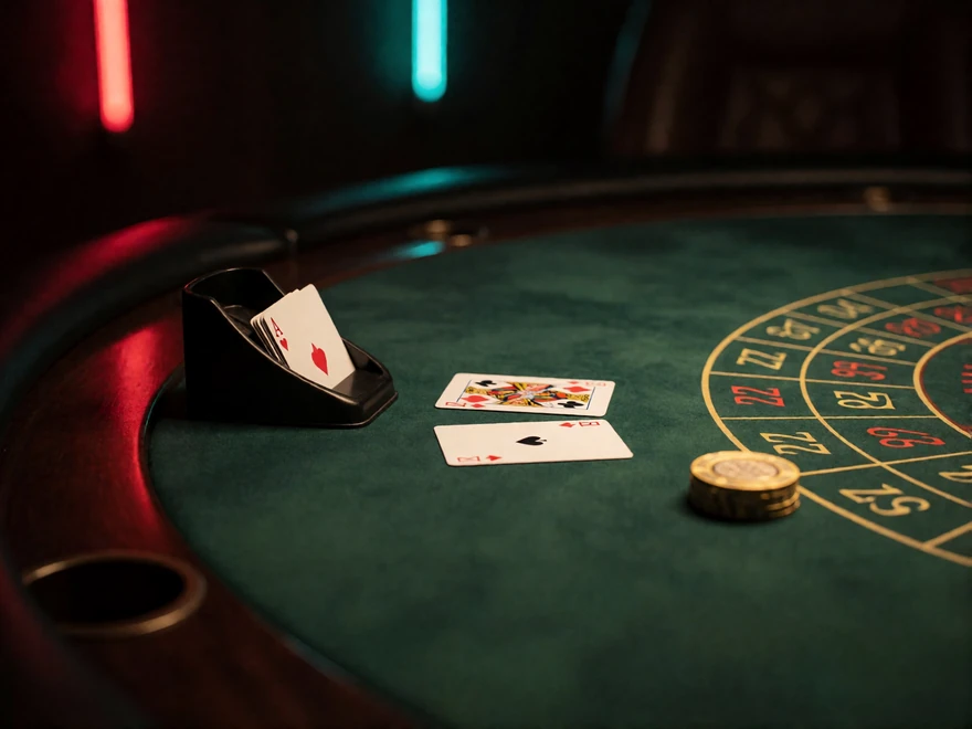 Klassischer Casinotisch mit gr&uuml;nem Filz, Kartenschlitten, zwei Spielkarten, goldenen Jetons und Roulette-Layout als &Uuml;bersicht der Tischspiele