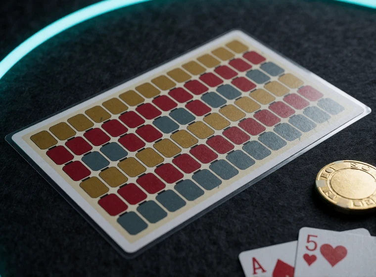 Laminierte Basisstrategie-Karte f&uuml;r Black Jack online mit farbiger Entscheidungsmatrix neben Jeton und Spielkarten auf dunklem Filz