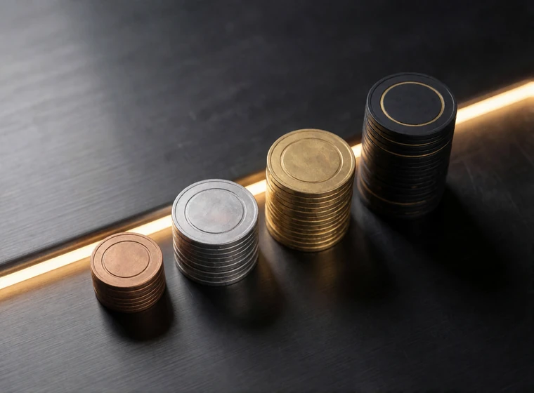 Vier aufsteigende Jetonstapel in Bronze, Silber, Gold und Schwarz auf dunklem Metall als Sinnbild der Cashback-Stufen