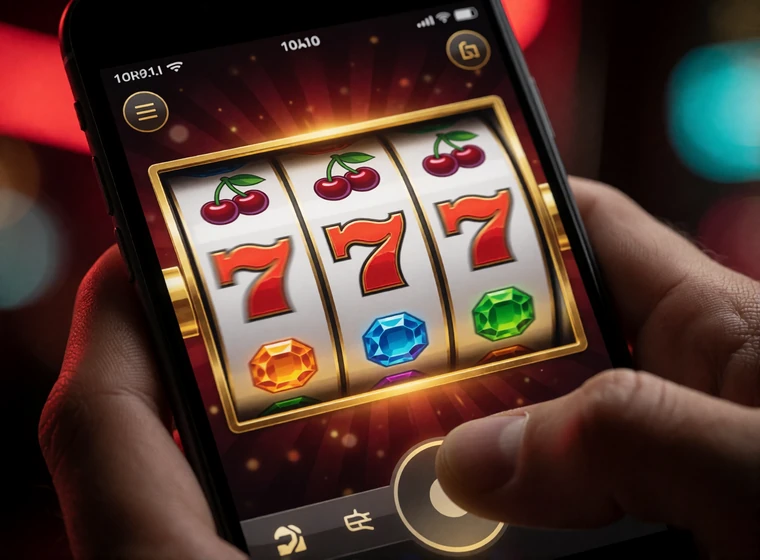 Hand h&auml;lt Smartphone mit laufenden Slot-Walzen vor neonbeleuchtetem Hintergrund als Beispiel f&uuml;r mobile Spielautomaten