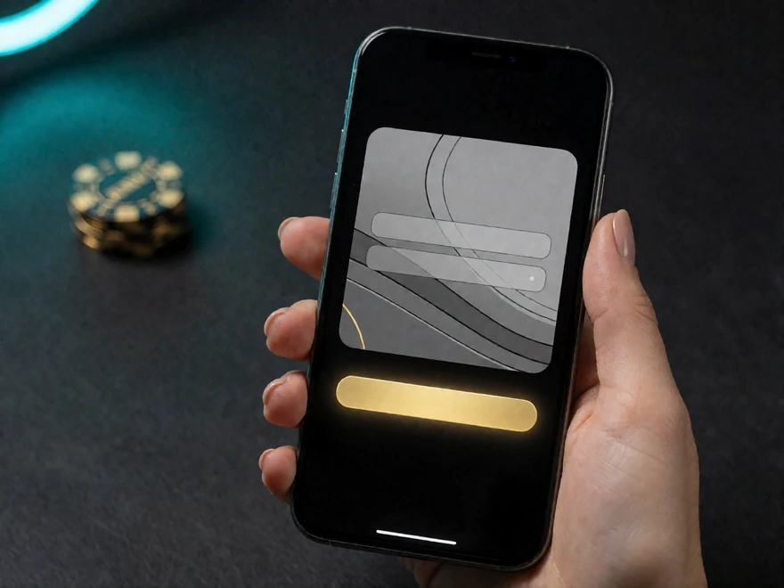 Hand h&auml;lt Smartphone mit Freigabedialog einer Sofort&uuml;berweisung &uuml;ber dunklem Tisch mit goldener Fiche - schnelle Einzahlung im Online Casino