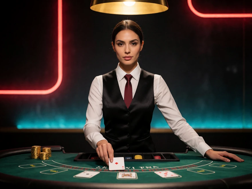Dealerin im schwarzen Satinweste-Outfit gibt am Live-Blackjack-Tisch im Studio eine Karte aus - echtes Live-Casino mit Croupier