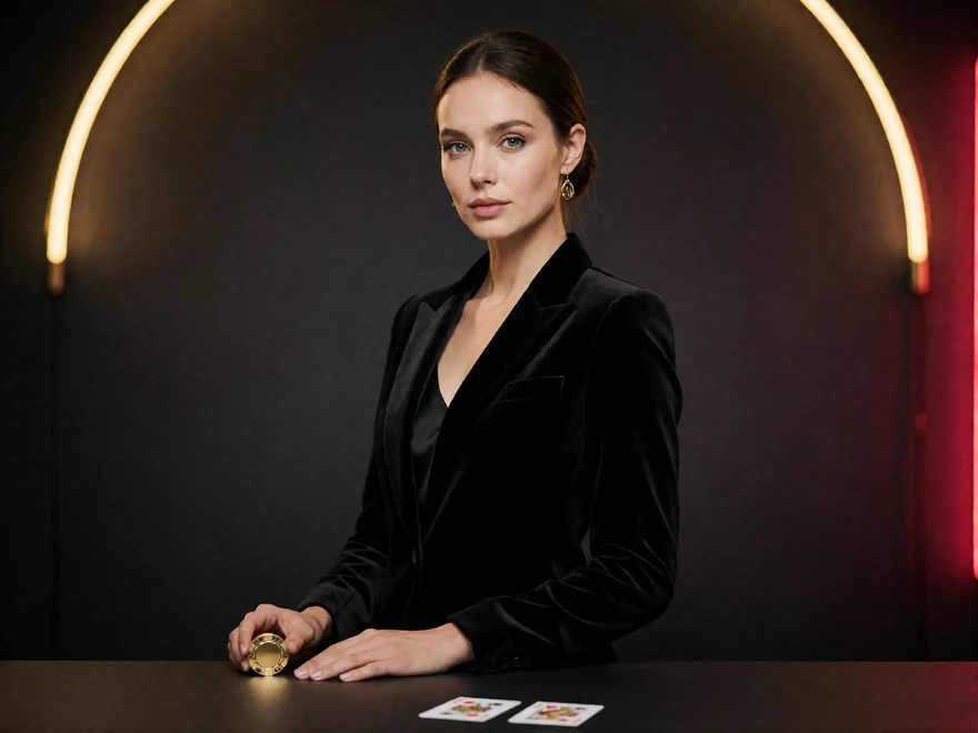 Elegante Frau im schwarzen Samtblazer hinter einem Tisch mit goldener Fiche und Karten vor goldenem Neonbogen zum Casino Bonus