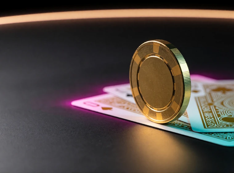 Goldene Fiche steht hochkant neben zwei Karten auf schwarzem Tisch mit Neonreflexen als Symbol f&uuml;r Freispiele ohne Einzahlung